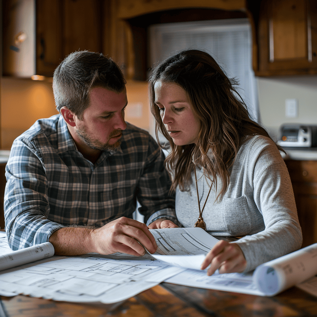 man and woman looking at blueprints